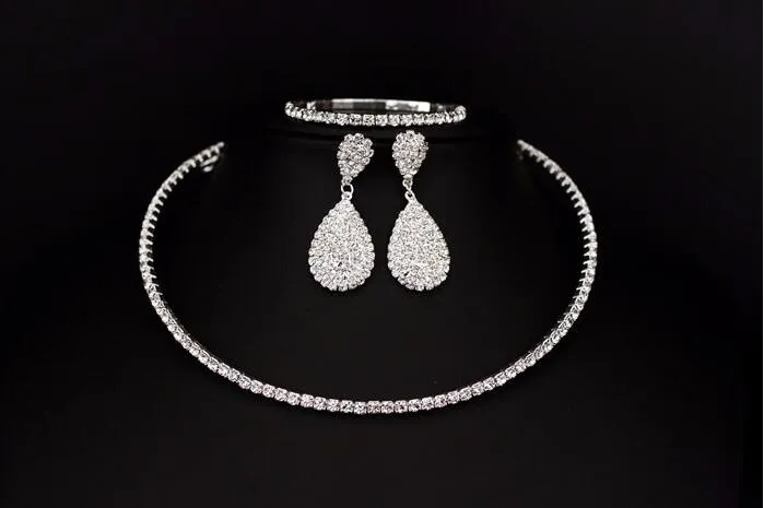 Novia vendedora caliente Classic Rhinestone Crystal Choker collar pendientes y pulsera Conjuntos de joyería de boda Accesorios de boda Joyería nupcial