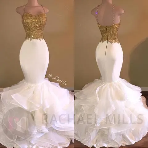 Sexy Gold Applique Ruffles Lace Mermaid Prom Dresses Spaghetti-Strap Sleeveless Backless Evening Gowns With Beaded Crystal BA4925