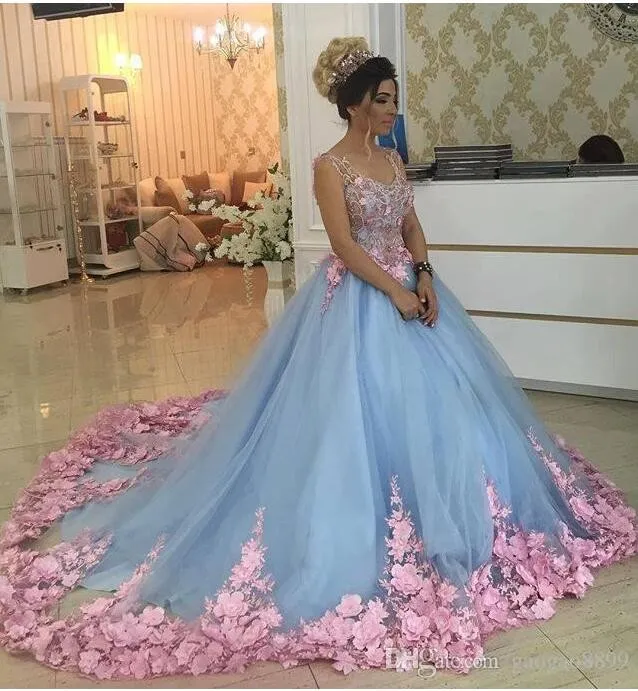 Baby Blue 3D Floral Masquerade Ball Gown Wedding Dresses 2017 Cathedral Train Handmade Flower Debutante Sweep Train Custom Made