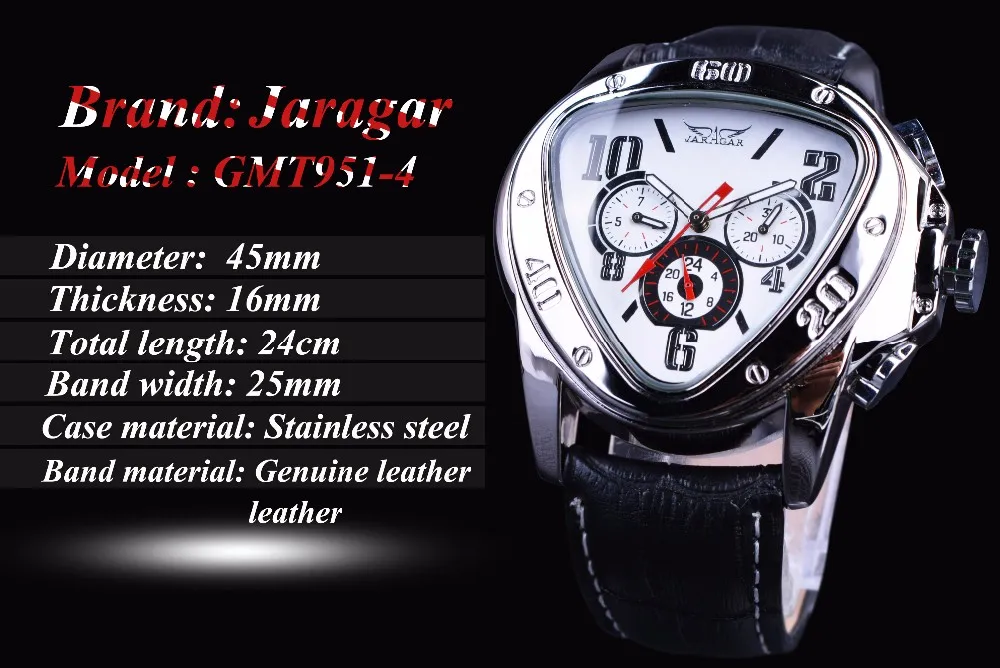 Jaragar Sport Fashion Design Herenhorloges Topmerk Luxe Automatisch Horloge Driehoek 3 Wijzerplaat Display Lederen Band Clock244W
