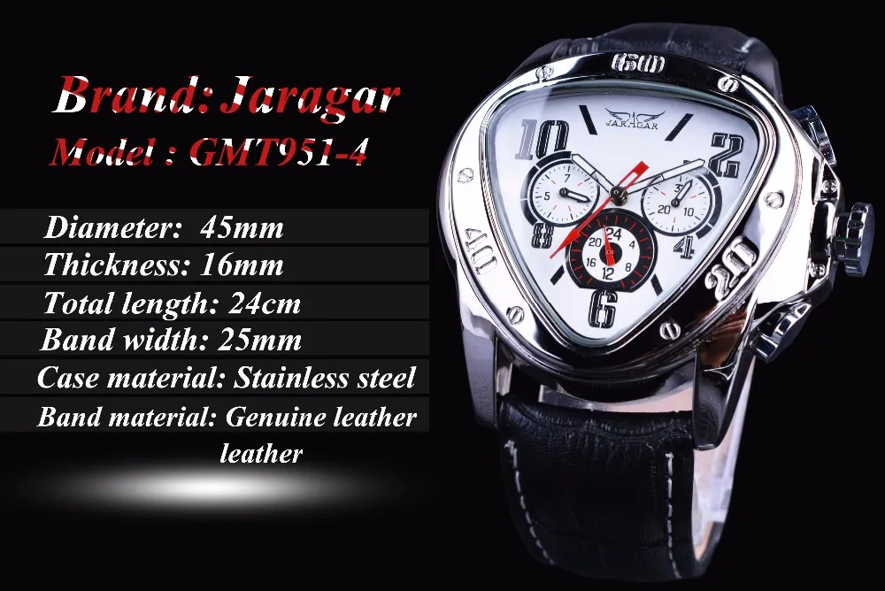 Jaragar Sport Fashion Design Mens Watches Top Brand Luxury Automatic Watch Triangle 3 Dial Display Genuine Leather Strap Clock258R