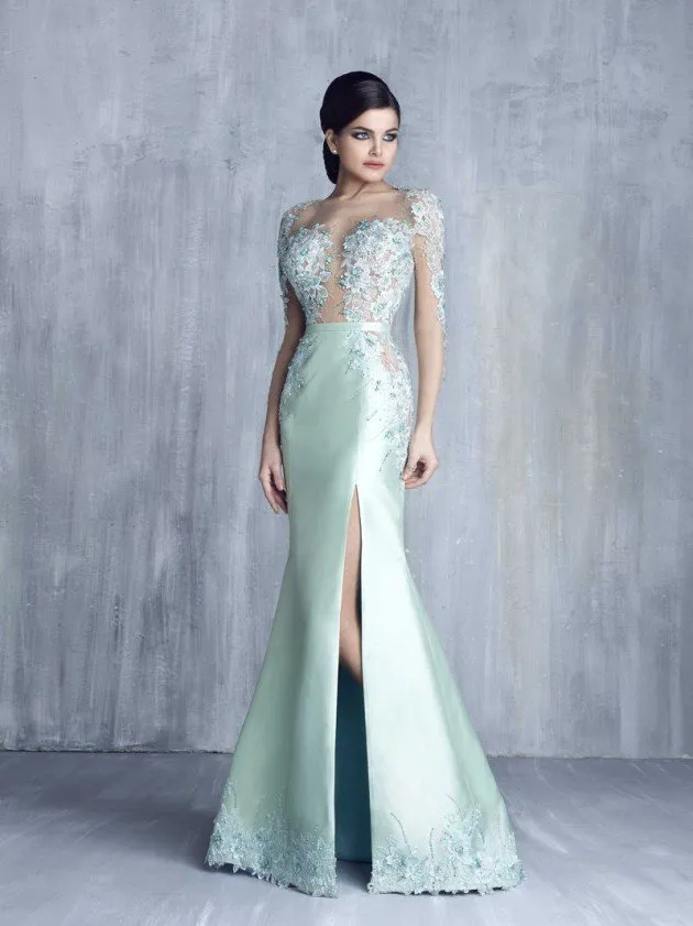 Sexy Tony Chaaya Evening Dresses Jewel Sheer Neck Long Illusion Sleeves Prom Dresses With Applique Side Split Custom Made Formal Party Gowns