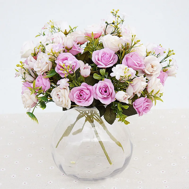 꽃다발 인공 15 헤드 진짜 라텍스 터치 장미 꽃 결혼식을위한 장식 인공 꽃 홈 디자인 꽃다발