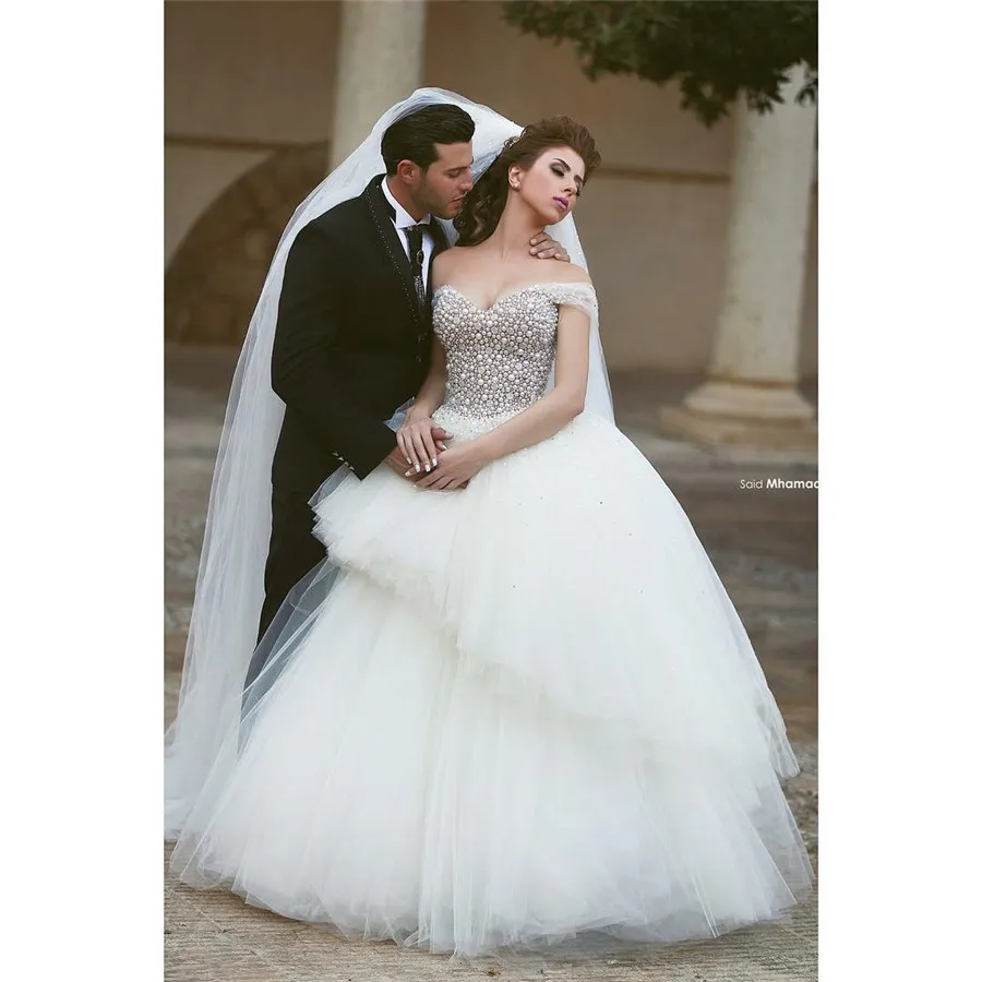 Saidmhamad Off the Shoulder Bling Bling Ball Gowns Petal Beading Wedding Dress Two Layered Tulle Bridal Dress