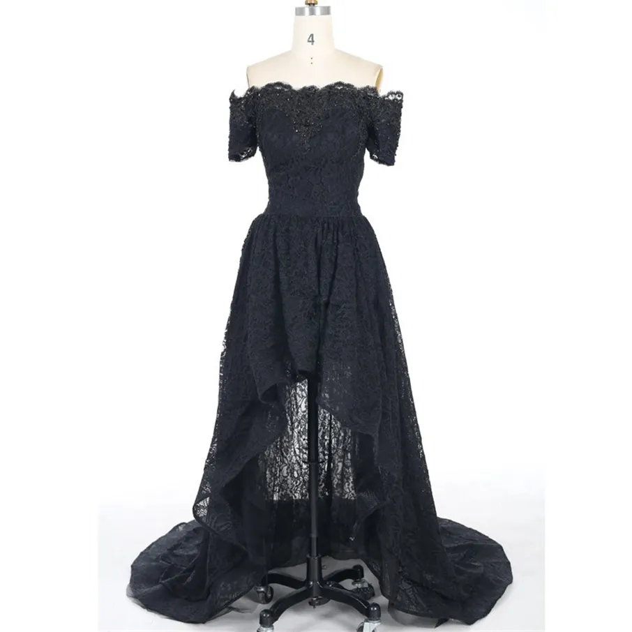 Off the Shoulder Black Party Dress Prom Dresses 2019 Charming Marsala Boat Neck Corset Black High Low Lace Short Sleeves Evening Dress