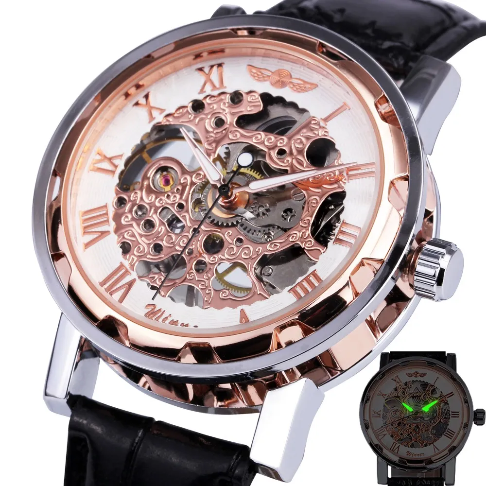 Winner Fashion Gold Black Roman Number Dial Luxury Design Clock Mens Watch Top Brand Cool Mechanical Skeleton Male Wrist Watches297A