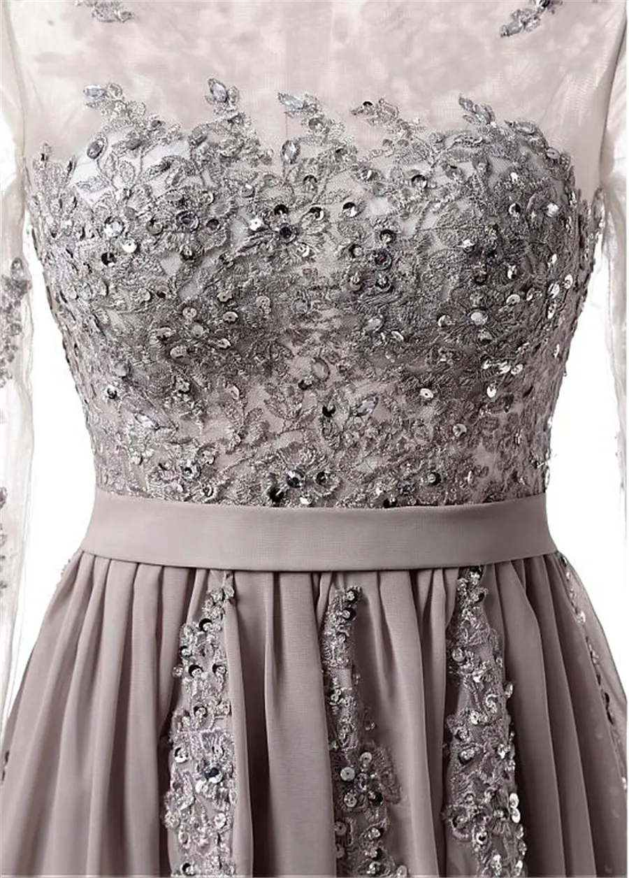 Stunning Chiffon Jewel Neckline A-line Evening Dresses With Lace Appliques Grey Crystals Long Sleeves Prom Dress vestidos de fiesta largos
