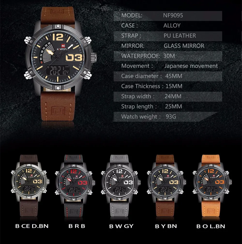 new NAVIFORCE fashion men's waterproof uniform sports watch men's quartz digital leather watch relogio masculino Me234L