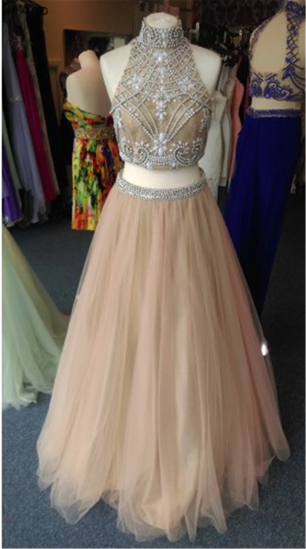 Glamorous High Neck Beadings Tulle Evening Dress Two Piece Hand Crystals Two Pieces Prom Dress graduation dress patterns