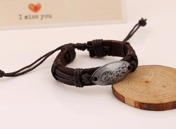 100% couro genuíno liga exorcizar maus espíritos casa lagarto pulseira de couro retro masculino feminino ajustável casal bracelet265v