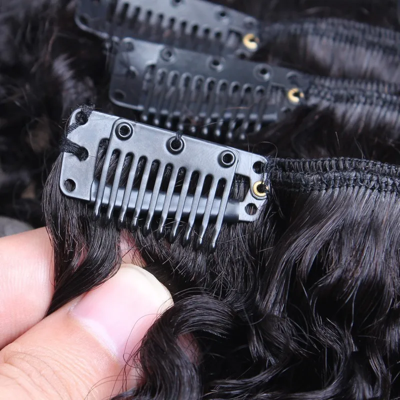 African American Afro Kinky Curl Clip In Hair Extensions 16 Clips Peruvian Human Hair Natural Black Kinky Curly Clip In Hair Extensions