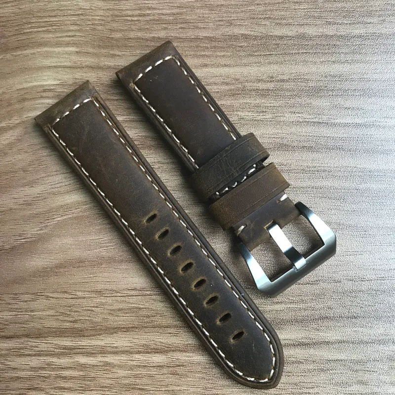 Vintage ocysa dark brown black Crazy horse genuine leather belt watch strap 24mm 26mm for pam watches244O