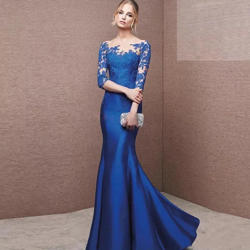 Mermaid Prom Dresses Blue 2022 Evening Formal Gown Cheap Applique Elegant Covered Bottons Iullsion Sexy Long Sleeve Floor Length Custom