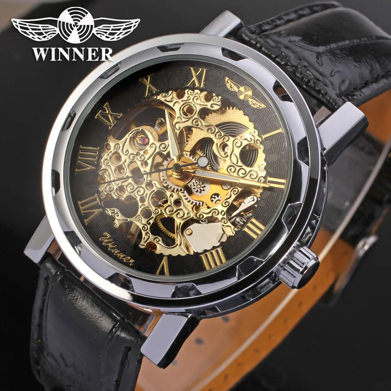 Vinnare Fashion Gold Black Roman Number Dial Luxury Design Clock Mens Watch Top Brand Cool Mechanical Skeleton Male Wrist Watches280k