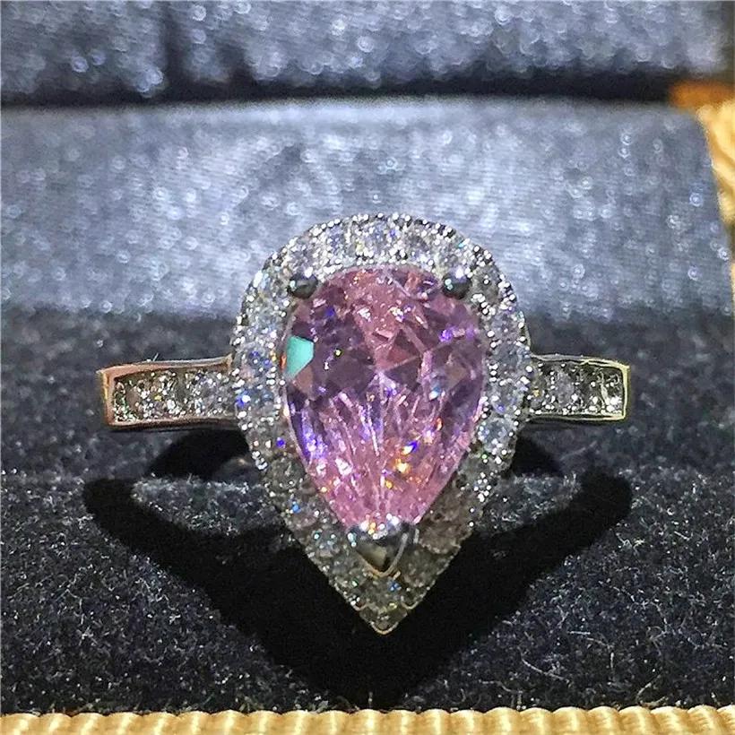 Bohemian Jewelry Delicate Pear-Shaped Pink Diamond Ring Finger Fashion 10KT White Gold Filled Wedding Bride rings For Women gift298P