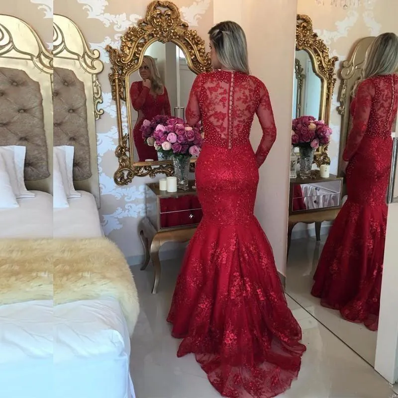 Sexy Red Evening Dresses Scoop Neckline Long Illusion Sleeves With Applique Mermaid Custom Made Formal Occasion Gowns Sweep Train 2017
