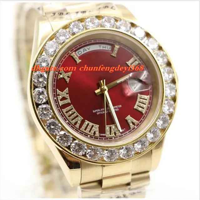 Reloj de pulsera de lujo de alta calidad para hombre de 18 quilates de oro amarillo de 36 mm con esfera roja Reloj de diamantes más grande 6 0 Ct Movimiento automático Reloj para hombre 206S