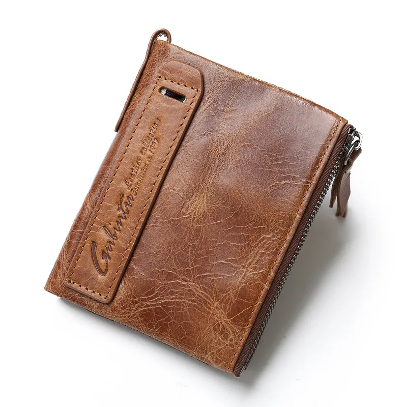 Crazy Horse Head Layer Läder dubbel zip plånbok plånbok för män lädermynt.