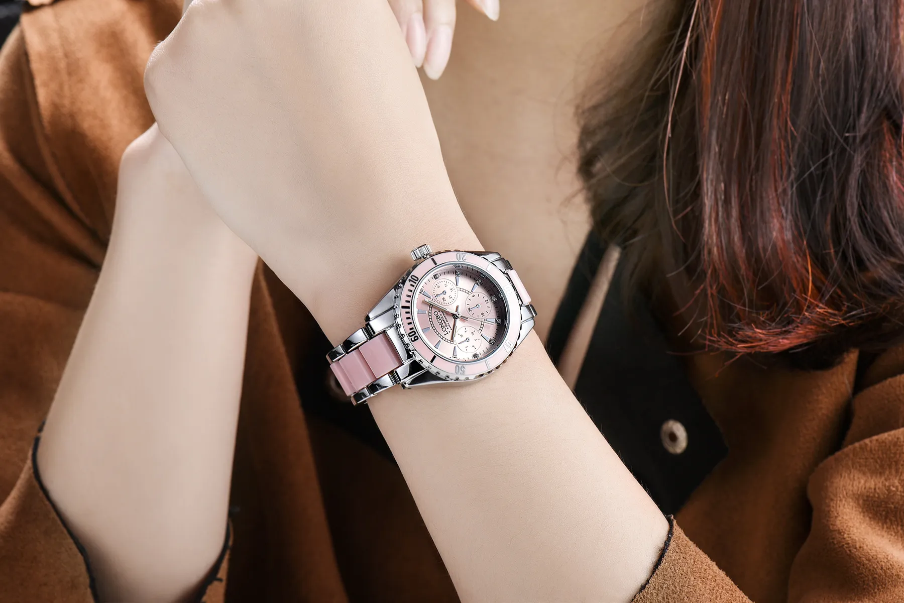 Skylove8 권장 고품질 Longbo Three-Eye Steel Belt Ceramic Women 's Dress Watch 남성 패션 방수 Lumin216r