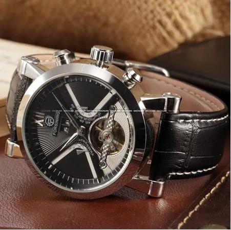 Men de montre automatique classique Calendrier Horloge masculine en cuir noir