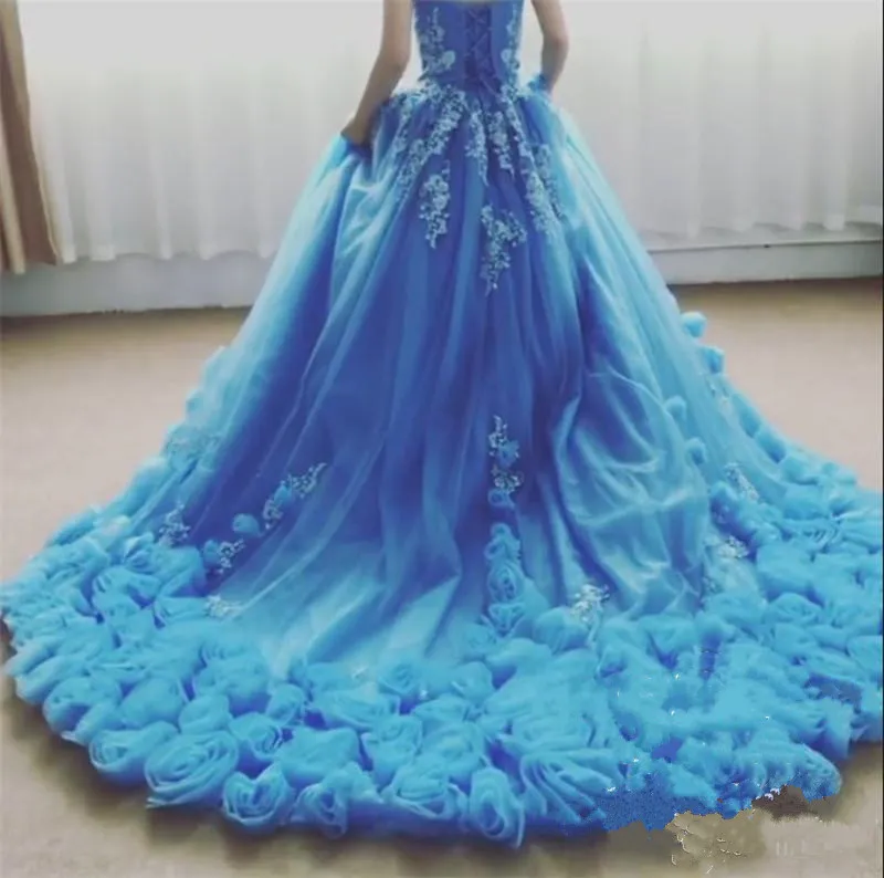 Dark Blue Tulle Ball Gown Wedding Dresses Sweetheart Luxury Wedding Gowns 3D Lace Appliques Flower Wedding Bridal Gowns With Lace Up Back