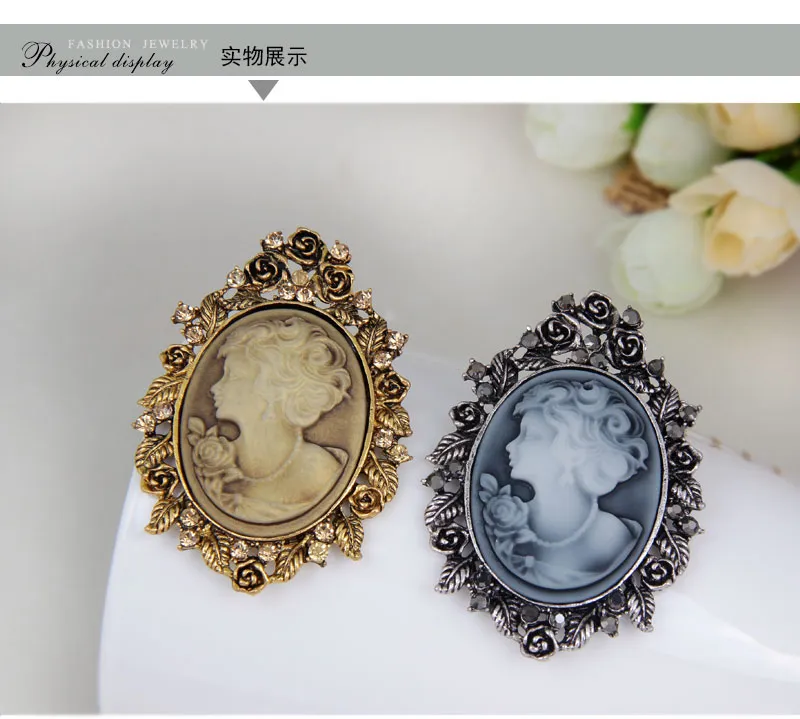 Pins Brooches Whole- Vintage Wedding Accessories Joyeria Cameo Beauty Queen For Women Crystal Rhinestone Gold Silver Antique 244W