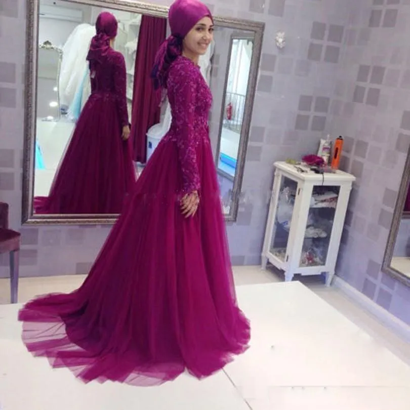 Grape Arabic Islamic Evening Dresses Long Sleeves With Applique A-Line Vestidos De Noiva Prom Dresses Without Veil Custom Made Party Gowns