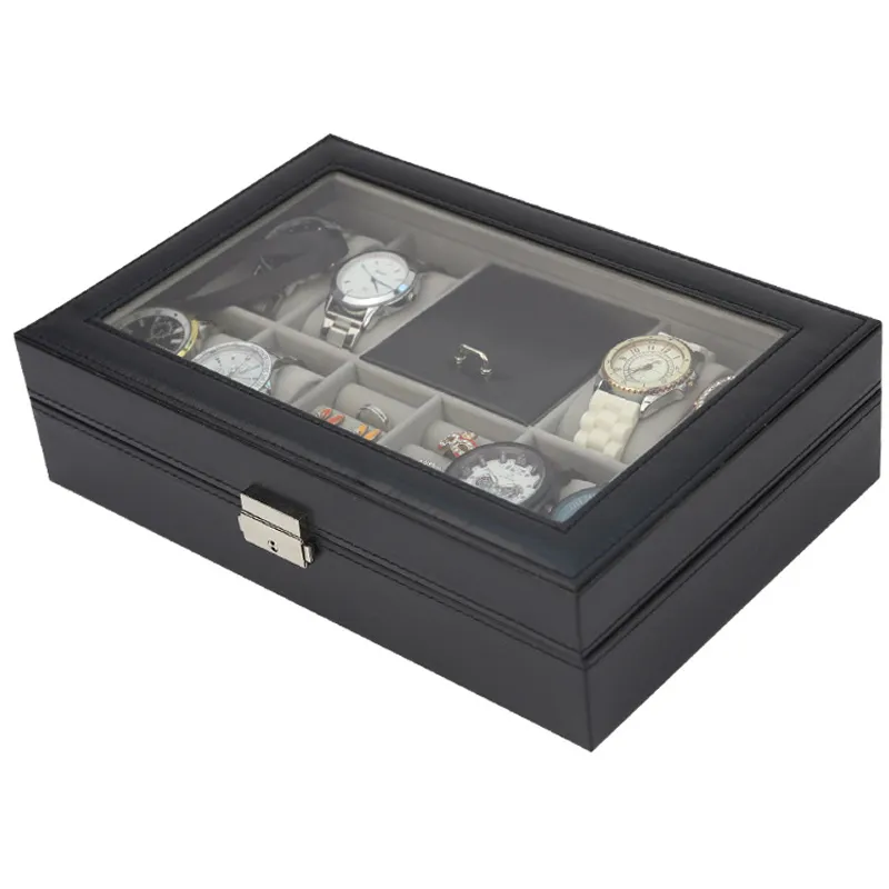 Boîte de montre en cuir noir à 8 grilles, boîtier de bague, organisateur de montre, affichage de bijoux, mallette de rangement de Collection avec couvercle en verre 314T