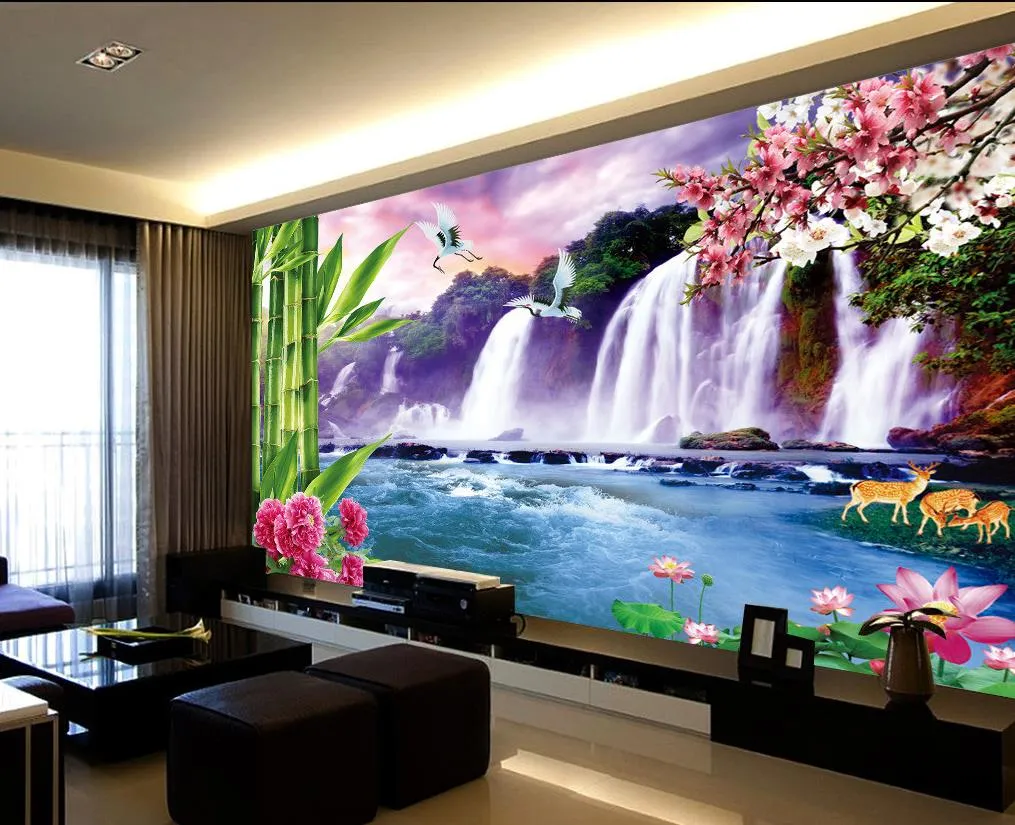 pared fresca gran cascada de TV mural de papel pintado 3D papeles de pared 3D para TV telón de fondo