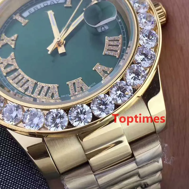 Luxus 18K Gold Präsident Day-Date Genf Männer große Diamanten Zifferblatt Lünette automatische Handgelenk Rolle Herrenuhr Reloj Uhren Wristwat206A