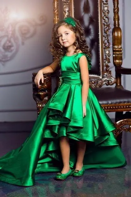 New Cheap Girls Pageant Dresses Princess Green Satin High Low Legnth Sashes Kids Ruffles Flower Girls Dress Ball Gown Cheap Birthday Gowns