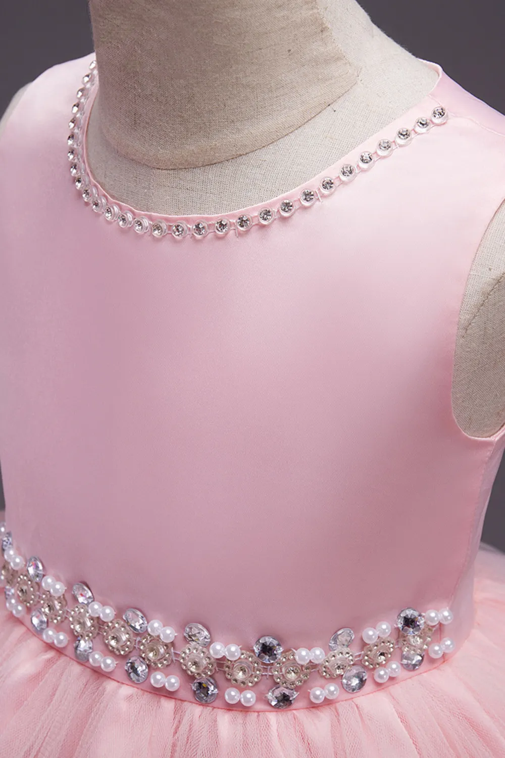 Stock Beaded Crystal Pink Pageant Dresses for Kids Jewel Neck Short First Communion Dresses Wholesale Birthday Party Dresses MC1044