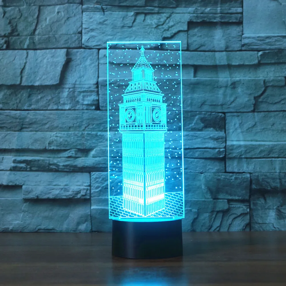 Big Ben 3D Desk Lamp هدية Acrylic Night Light LED الأثاث الزخرفي ملون 7 ألوان تغيير المنزل الإكسسوارات 216s