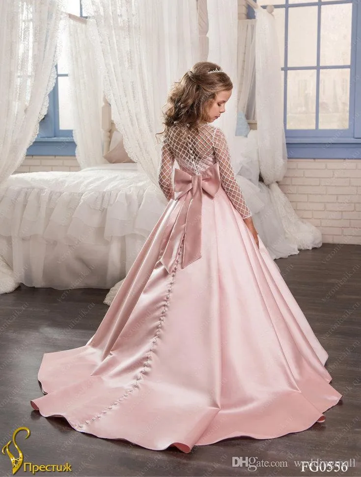 Stain First Communion Dresses Little Kids Child Pageant Party Gowns Cute Long Sleeves Beautiful Big Bow Flower Gril Dresses