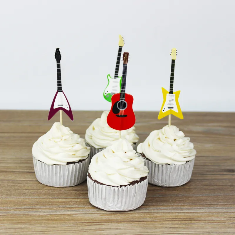 Chicchic 24st en inställd färgglad gitarr 4 former cupcake toppers kakor plockar dekoration med tandpockar178t