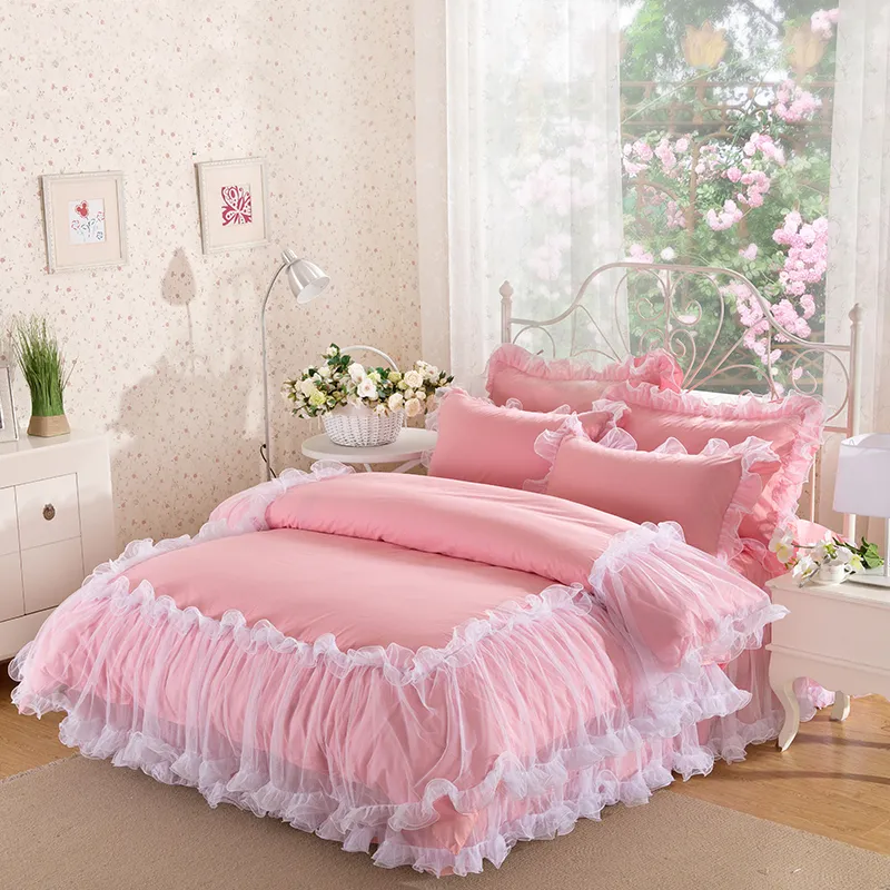 4 Stücke Weiße Spitze Prinzessin Bettwäsche Tagesdecke Set König Königin Größe Koreanischen Stil Einfarbig Spitzen Bettdecke Baumwolle Bettbezug Bett S255W