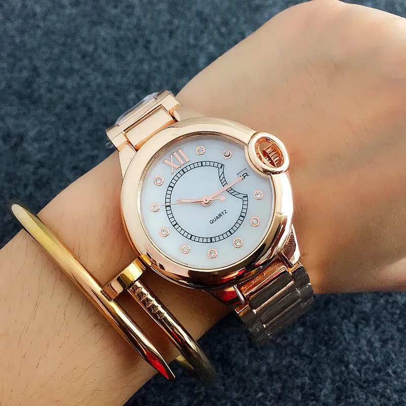 Woman quartz Watches Literal Rhinestones inlay scale Clock dial Fashion Full Steel Dial Wristwatches calendar quartz Watches280J