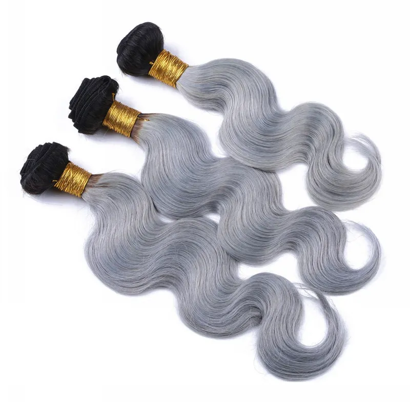 Brazilian Silver Gray Ombre Human Hair Bundles with Lace Closure Dark Root 1B/Grey Ombre 4x4 Front Lace Closure with Weaves