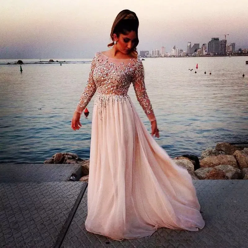Scoop Sheer Neck Prom Dresses Long Sleeves With Applique Sequins Beaded Tiered Ruffle Evening Gowns Back Zipper Custom Made Formal Dresses