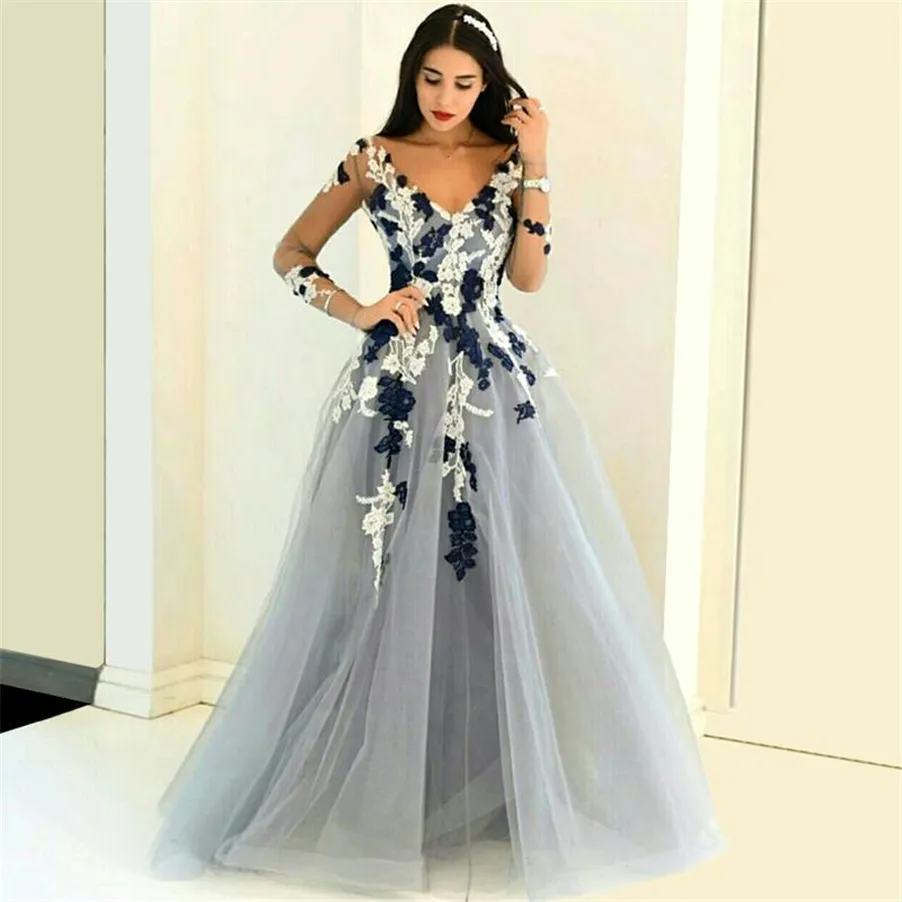 Long-Sleeve Appliques V-neck Lace Sheer Popular Prom Dresses A-line Light Blue Long Evening Dress vestido de festa longo com pedraria