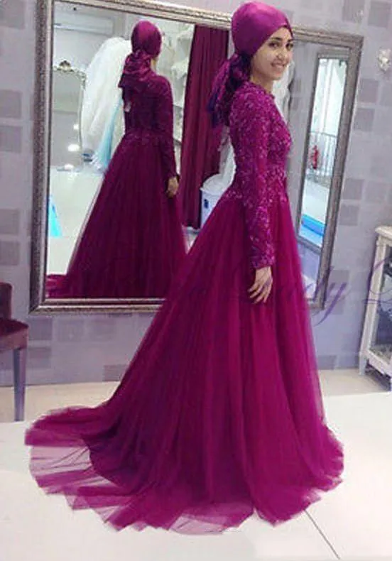 Grape Arabic Islamic Evening Dresses Long Sleeves With Applique A-Line Vestidos De Noiva Prom Dresses Without Veil Custom Made Party Gowns