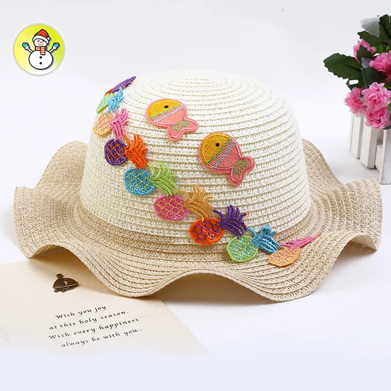 Летняя соломенная шляпа с вышивкой фруктов и рыбок для детей, пляжные шляпы от солнца для путешествий на открытом воздухе, куполообразная кепка для мальчиков и девочек KIDS-9 Whole267Y