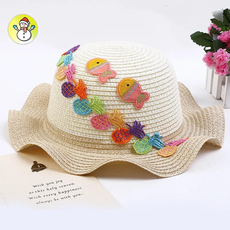 Summer Cartoon Fruit Fish Embroidering Straw Hat For Kids Outdoor Travel Beach Sun Hatts Boys Girls Dome Cap Kids-9 Whole267y