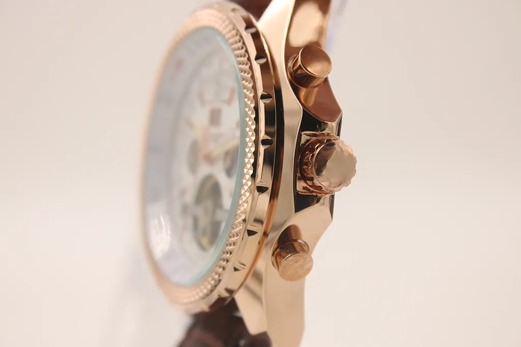 2014 NIEUWE FASHIER BROWN LEDER BAND 1884 Mens Watch Tourbillion Gold roestvrij staal luxe man horloges213n