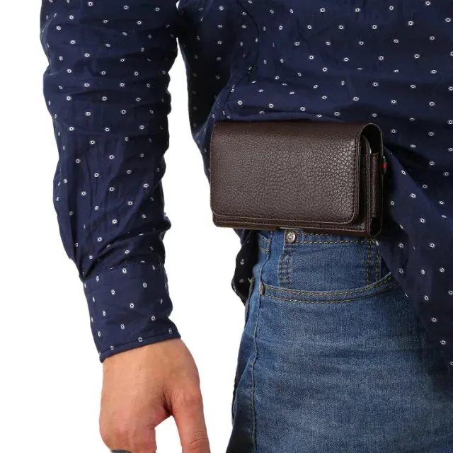 Men's Casual Vintage Waist Bag Mobile Phone Case Multi-function Magnetic Buckle Pouch with Card Holder+Hand strap 4.0 to 6.3inch