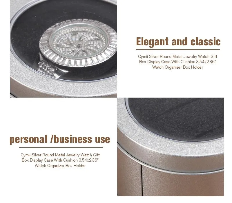 Niedrigste silberne runde Schmuckuhr-Geschenkbox aus Metall mit Kissen 3 54 x 2 36 Uhren-Organizer-Box-Halter glitte2665
