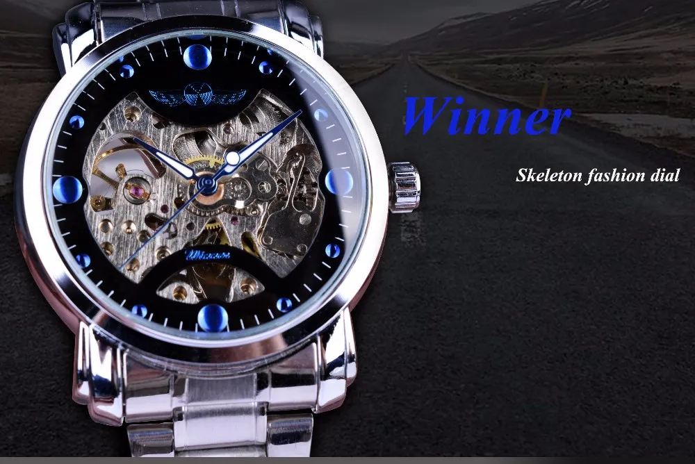Vencedor Blue Ocean Fashion Designer casual Stainless Steel Men Skeleton Watch Watches Mens Relógio Automático de Luxo de Luxuja Relógio3360
