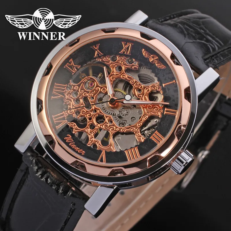 Vinnare Fashion Gold Black Roman Number Dial Luxury Design Clock Mens Watch Top Brand Cool Mechanical Skeleton Male Wrist Watches230p