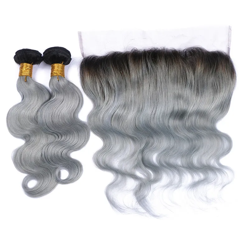 #1B/Grey Ombre Brazilian Virgin Hair 3Bundles With Frontal Dark Roots Silver Grey Ombre 13x4 Lace Frontal With Body Wave Human Hair Wefts