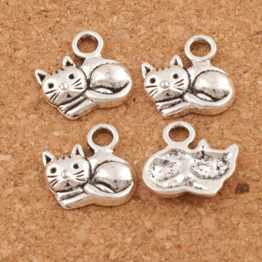 Liegende Katze Spacer Charm Perlen Anhänger 200 Stück Schmuck 14x14 mm Antik Silber Legierung Handgefertigter Schmuck DIY L1153271D